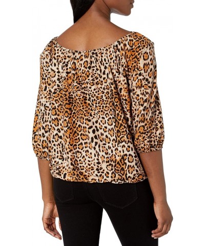 Women's 3/4 Sleeve, Front Tie Peasant Top Brown Cheetah $10.64 Blouses