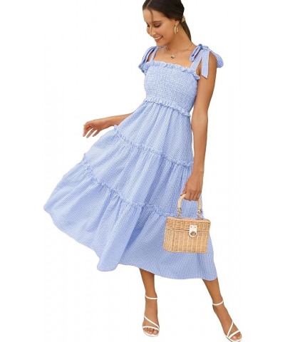 Women's Floral Print Tie Strap Square Neck Ruffle Boho Maxi Dress Blue and White $22.54 Dresses