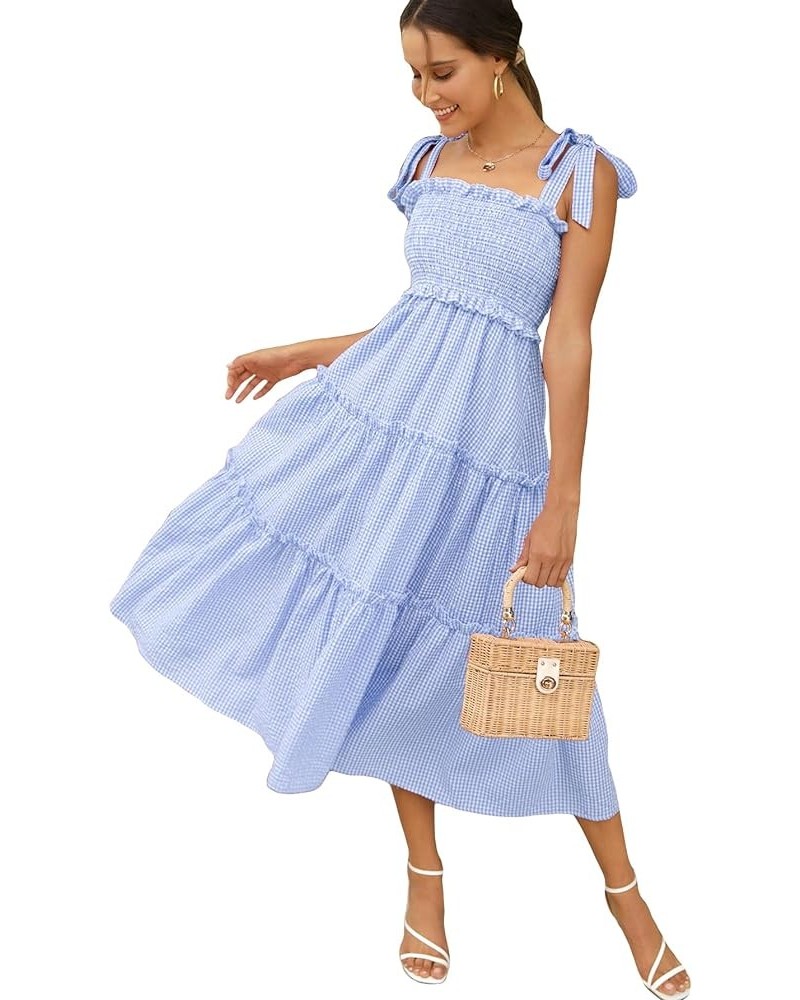 Women's Floral Print Tie Strap Square Neck Ruffle Boho Maxi Dress Blue and White $22.54 Dresses