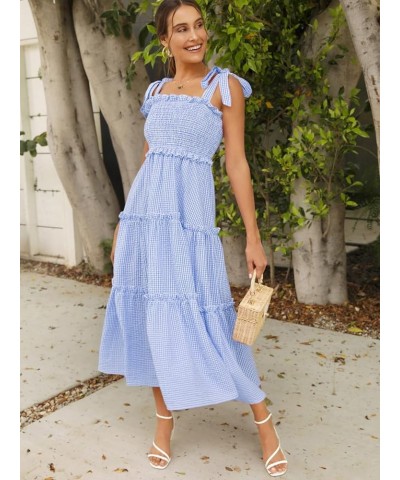 Women's Floral Print Tie Strap Square Neck Ruffle Boho Maxi Dress Blue and White $22.54 Dresses