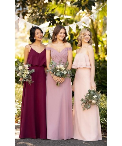 Women's Off Shoulder Bridesmaid Dresses Long Chiffon Formal Wedding Prom Evening Gown Pink $28.70 Dresses