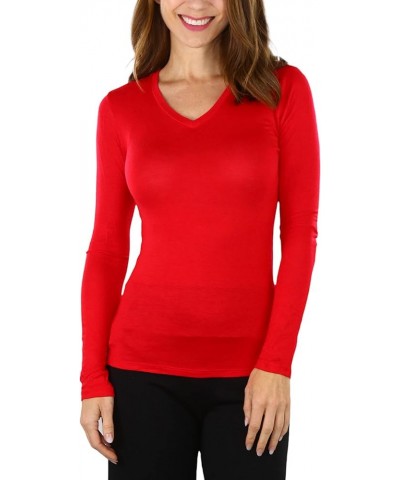 Women’s Classic Timeless Layering V-Neck Long Sleeve Top Classic Solid Red $9.15 T-Shirts