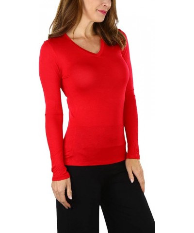 Women’s Classic Timeless Layering V-Neck Long Sleeve Top Classic Solid Red $9.15 T-Shirts