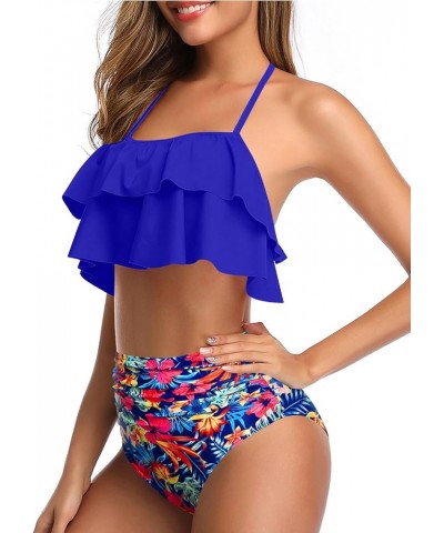 Women Two Piece Swimsuits High Waisted Bikini Teen Ruffle Tummy Control Bottoms Halter Bathing Suits Blue Floral Print $17.15...