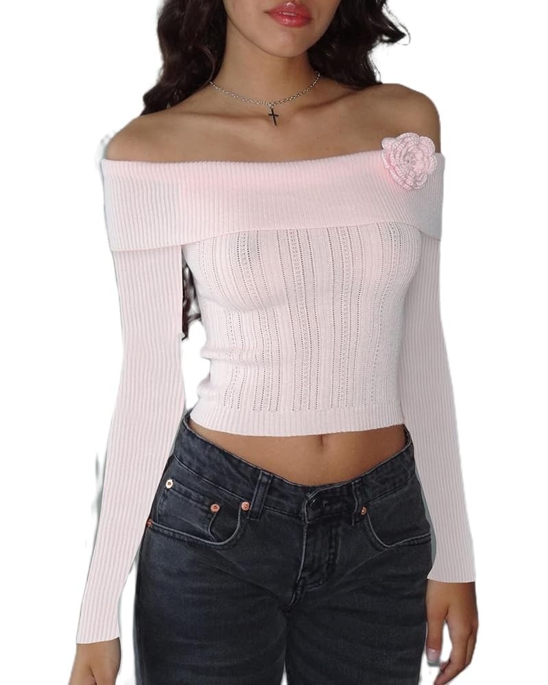 Women Off Shoulder Top Y2K Long Sleeve Lace Trim Knit Shirt Fashion Cute Solid Pullover Sweater G-3d Floral Pink Shirt Top $1...