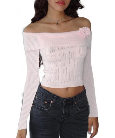 Women Off Shoulder Top Y2K Long Sleeve Lace Trim Knit Shirt Fashion Cute Solid Pullover Sweater G-3d Floral Pink Shirt Top $1...