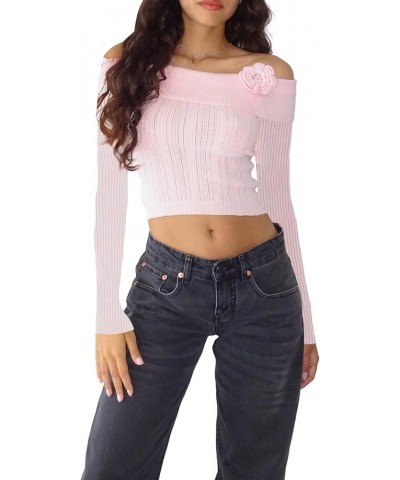 Women Off Shoulder Top Y2K Long Sleeve Lace Trim Knit Shirt Fashion Cute Solid Pullover Sweater G-3d Floral Pink Shirt Top $1...