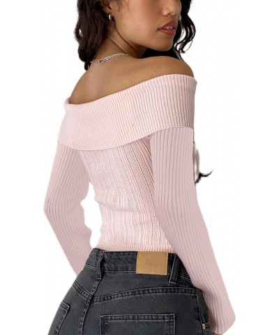 Women Off Shoulder Top Y2K Long Sleeve Lace Trim Knit Shirt Fashion Cute Solid Pullover Sweater G-3d Floral Pink Shirt Top $1...