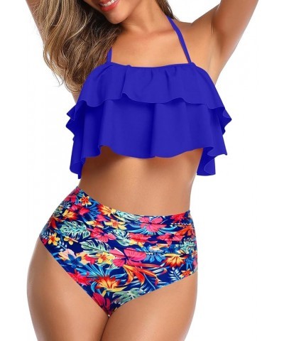 Women Two Piece Swimsuits High Waisted Bikini Teen Ruffle Tummy Control Bottoms Halter Bathing Suits Blue Floral Print $17.15...