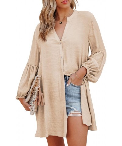 Womens Sexy V Neck Cover Up Long Sleeve Button Down Shirts Dresses Apricot $17.67 Swimsuits