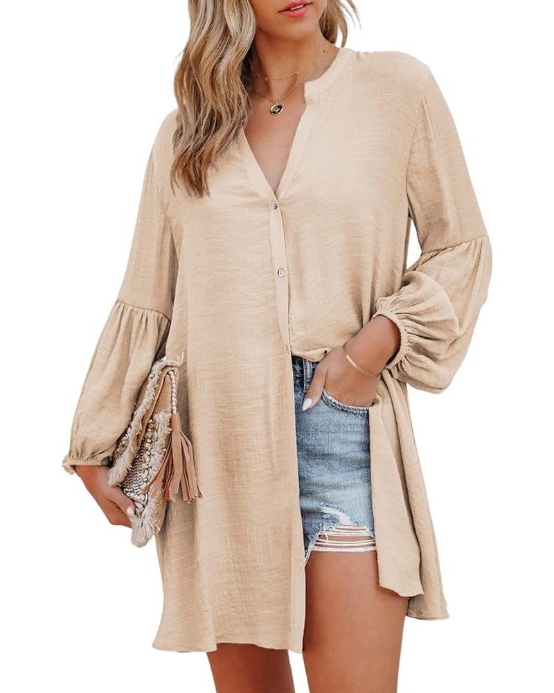 Womens Sexy V Neck Cover Up Long Sleeve Button Down Shirts Dresses Apricot $17.67 Swimsuits