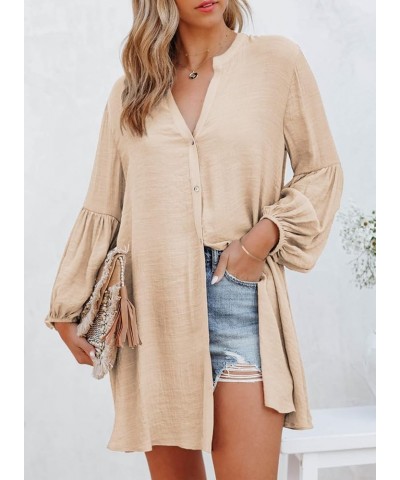 Womens Sexy V Neck Cover Up Long Sleeve Button Down Shirts Dresses Apricot $17.67 Swimsuits