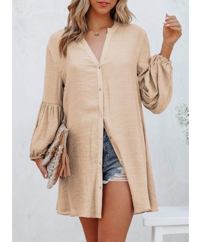 Womens Sexy V Neck Cover Up Long Sleeve Button Down Shirts Dresses Apricot $17.67 Swimsuits