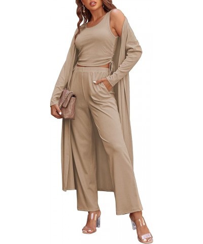 Women's 3 Piece Knit Lounge Set Sweatsuit S-XXL Khaki $29.11 Activewear