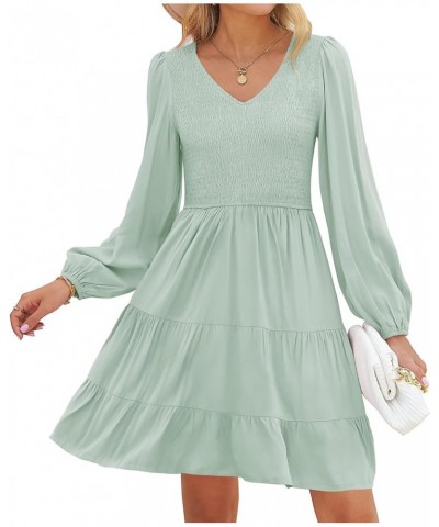 Women's Casual V Neck Long Sleeve Smocked High Waist Ruffle A Line Tiered Mini Dress Lightgreen $16.40 Dresses