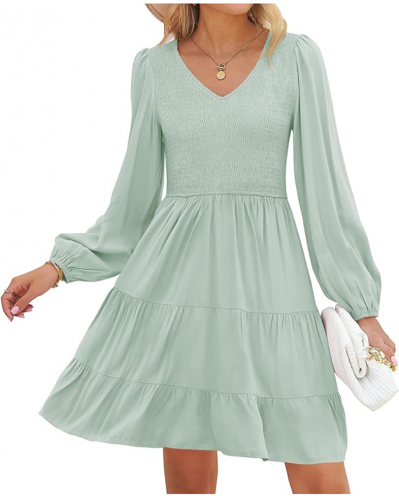 Women's Casual V Neck Long Sleeve Smocked High Waist Ruffle A Line Tiered Mini Dress Lightgreen $16.40 Dresses