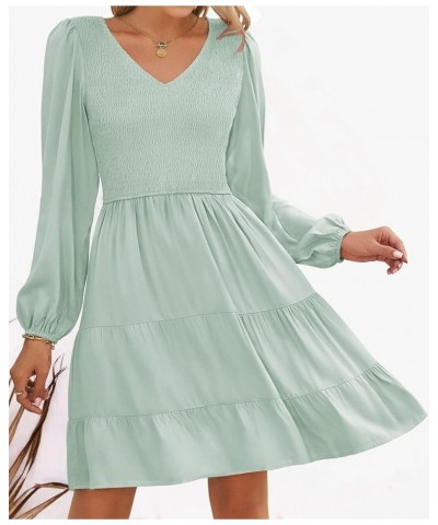 Women's Casual V Neck Long Sleeve Smocked High Waist Ruffle A Line Tiered Mini Dress Lightgreen $16.40 Dresses