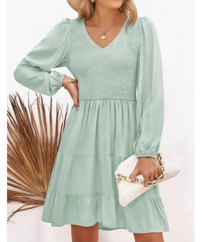 Women's Casual V Neck Long Sleeve Smocked High Waist Ruffle A Line Tiered Mini Dress Lightgreen $16.40 Dresses