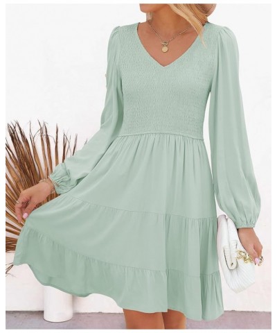 Women's Casual V Neck Long Sleeve Smocked High Waist Ruffle A Line Tiered Mini Dress Lightgreen $16.40 Dresses