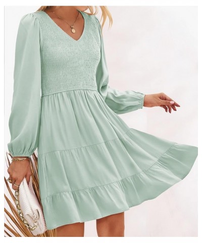 Women's Casual V Neck Long Sleeve Smocked High Waist Ruffle A Line Tiered Mini Dress Lightgreen $16.40 Dresses