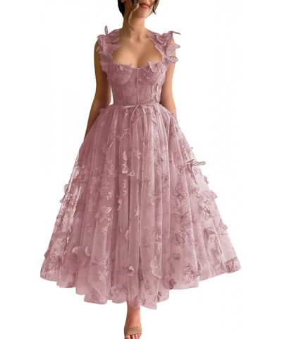 Tulle Prom Dress 3D Butterfly Spaghetti Straps Applique Tea Length Formal Evening Gown Dusty Rose $30.37 Dresses