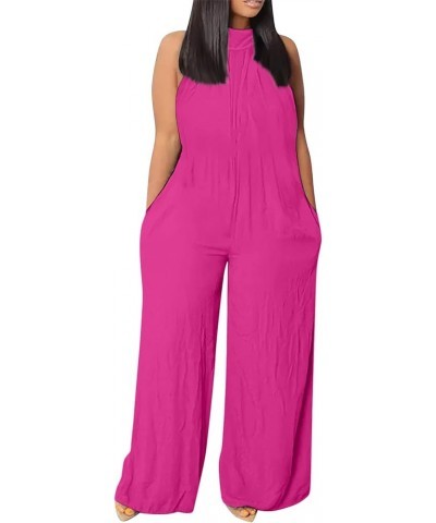 Womens Summer Solid Cotton Linen Jumpsuits Plus Size Wide Leg One Piece Beach Sleeveless Pockets Rompers Overalls 5-hot Pink ...