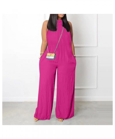 Womens Summer Solid Cotton Linen Jumpsuits Plus Size Wide Leg One Piece Beach Sleeveless Pockets Rompers Overalls 5-hot Pink ...