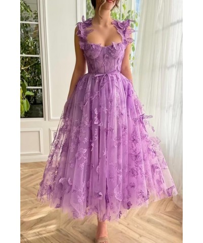 Tulle Prom Dress 3D Butterfly Spaghetti Straps Applique Tea Length Formal Evening Gown Dusty Rose $30.37 Dresses