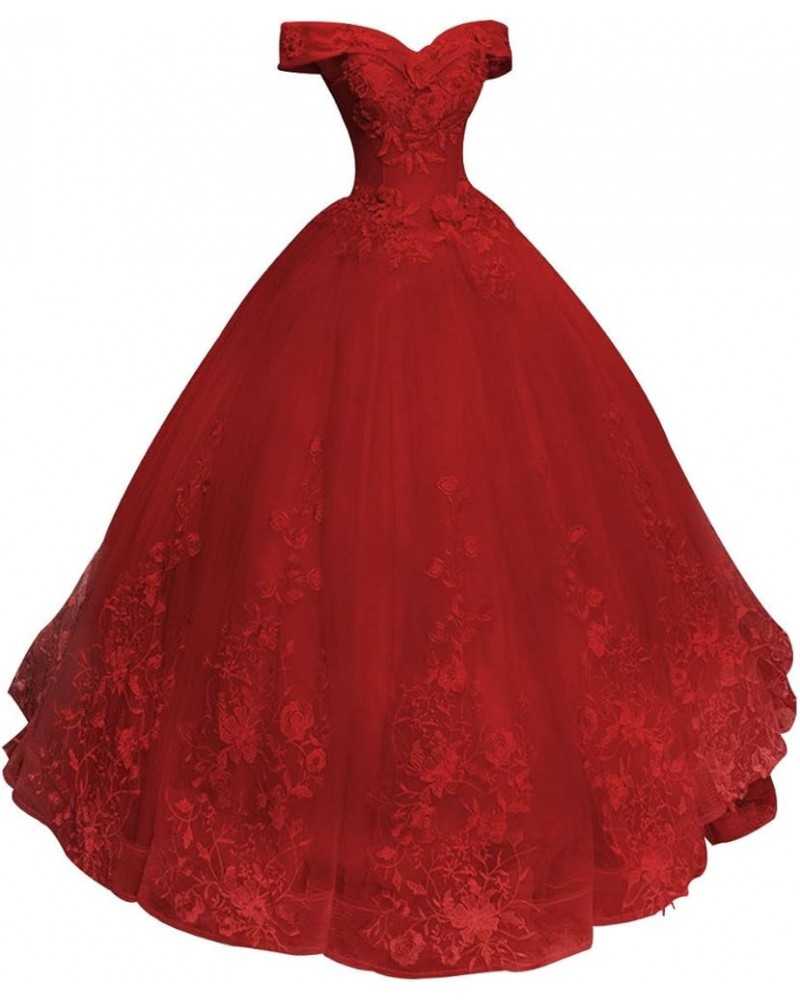 Prom Dress Ball Gown - Quinceanera Dresses Lace Long Off Shoulder Prom Dress Burgundy $65.50 Dresses