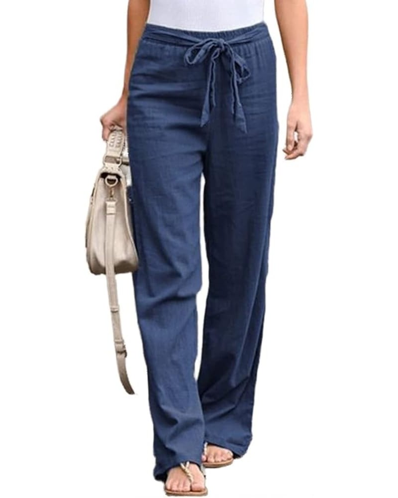 Women's Summer Linen Pants 2023 High Waisted Wide Leg Palazzo Pant Flowy Lounge Trousers with Pockets H-blue $15.53 Pants