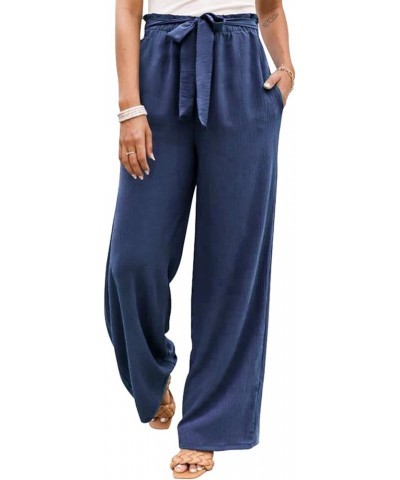 Women's Summer Linen Pants 2023 High Waisted Wide Leg Palazzo Pant Flowy Lounge Trousers with Pockets H-blue $15.53 Pants