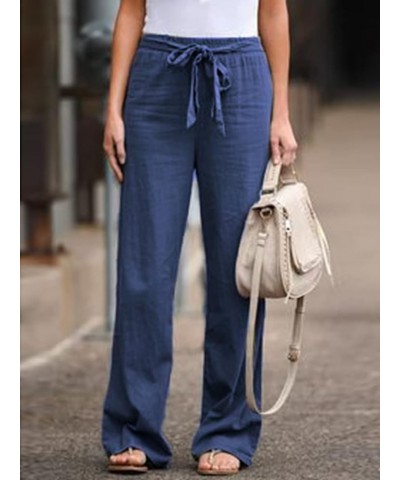 Women's Summer Linen Pants 2023 High Waisted Wide Leg Palazzo Pant Flowy Lounge Trousers with Pockets H-blue $15.53 Pants