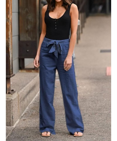 Women's Summer Linen Pants 2023 High Waisted Wide Leg Palazzo Pant Flowy Lounge Trousers with Pockets H-blue $15.53 Pants