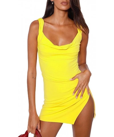 Women Lace Trim Square Neck Bodycon Mini Dress Sleeveless Low Cut Slim Short Dress Sexy Summer Streetwear Yellow $10.12 Dresses