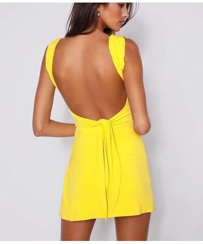 Women Lace Trim Square Neck Bodycon Mini Dress Sleeveless Low Cut Slim Short Dress Sexy Summer Streetwear Yellow $10.12 Dresses