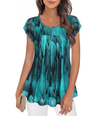 Women's Short Sleeve Tunic Shirt Pleated Mesh Blouses Summer Floral Tops Peacock Blue $16.81 Blouses