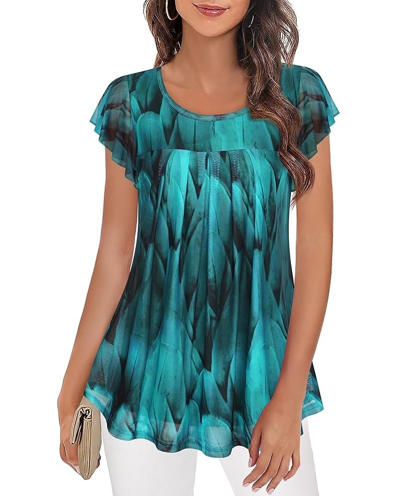 Women's Short Sleeve Tunic Shirt Pleated Mesh Blouses Summer Floral Tops Peacock Blue $16.81 Blouses