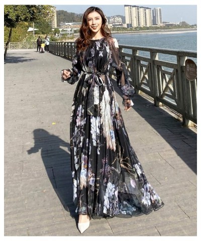 Women's Long Sleeve Floral Holiday Beach Bridesmaid Maxi Dress Sundress Black Peacock $26.87 Dresses