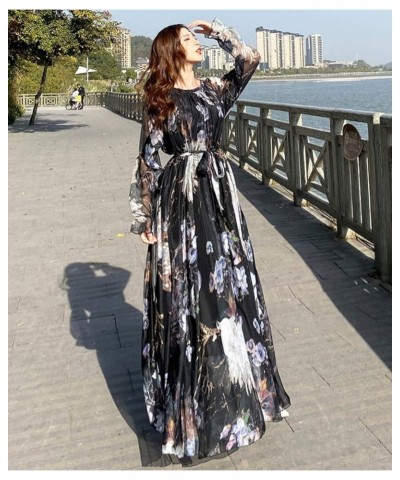 Women's Long Sleeve Floral Holiday Beach Bridesmaid Maxi Dress Sundress Black Peacock $26.87 Dresses