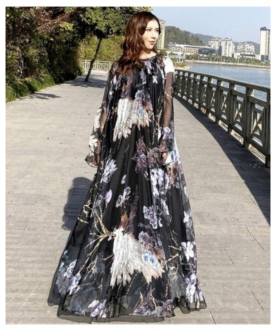 Women's Long Sleeve Floral Holiday Beach Bridesmaid Maxi Dress Sundress Black Peacock $26.87 Dresses