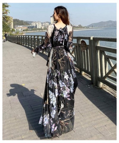 Women's Long Sleeve Floral Holiday Beach Bridesmaid Maxi Dress Sundress Black Peacock $26.87 Dresses