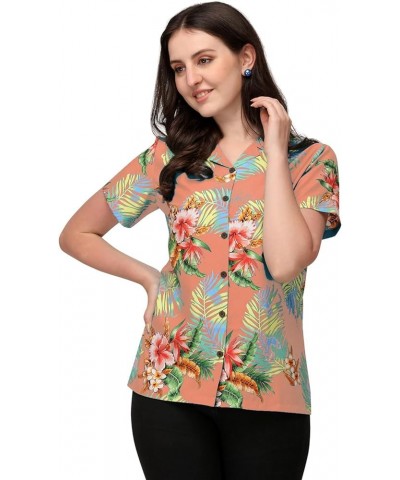 Womens Short Sleeve Casual Aloha Button Down Hawaiian Shirt for Women Peach $10.43 Blouses