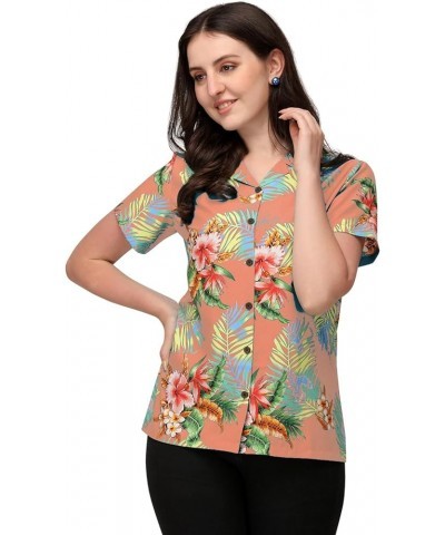 Womens Short Sleeve Casual Aloha Button Down Hawaiian Shirt for Women Peach $10.43 Blouses