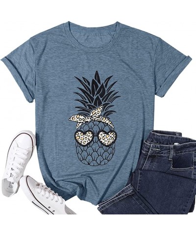 Womens Pineapple T-Shirt Funny Leopard Sunglasses Printed Graphic Summer Casual Short Sleeve Tees Tops Blue $11.95 T-Shirts