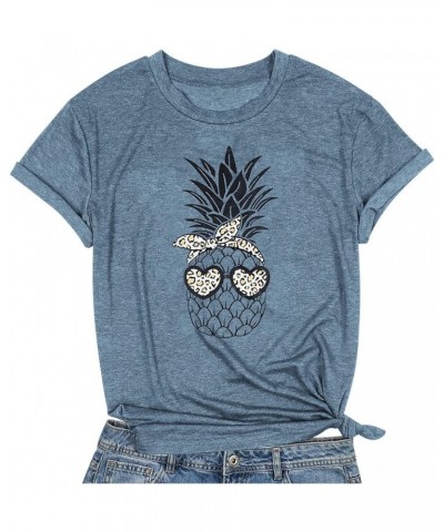 Womens Pineapple T-Shirt Funny Leopard Sunglasses Printed Graphic Summer Casual Short Sleeve Tees Tops Blue $11.95 T-Shirts