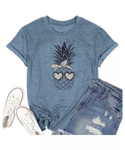 Womens Pineapple T-Shirt Funny Leopard Sunglasses Printed Graphic Summer Casual Short Sleeve Tees Tops Blue $11.95 T-Shirts