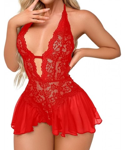 Lingerie for Women Sexy Mesh Lace See Through Chemise Babydoll Boudoir Teddy Babydoll Clubwear Chemises Bodysuit Red2 $8.11 L...