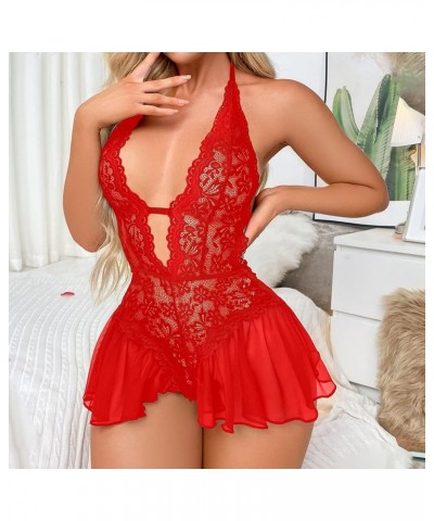 Lingerie for Women Sexy Mesh Lace See Through Chemise Babydoll Boudoir Teddy Babydoll Clubwear Chemises Bodysuit Red2 $8.11 L...