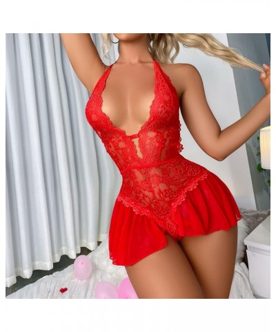 Lingerie for Women Sexy Mesh Lace See Through Chemise Babydoll Boudoir Teddy Babydoll Clubwear Chemises Bodysuit Red2 $8.11 L...