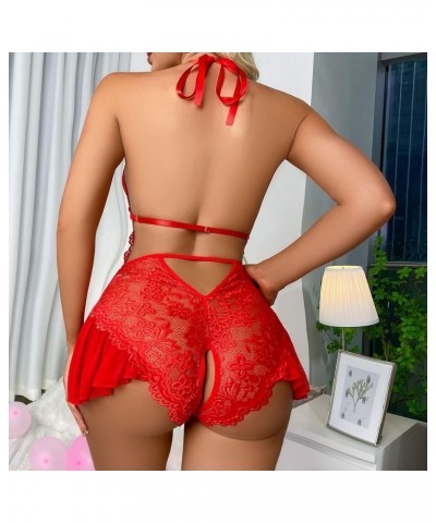 Lingerie for Women Sexy Mesh Lace See Through Chemise Babydoll Boudoir Teddy Babydoll Clubwear Chemises Bodysuit Red2 $8.11 L...